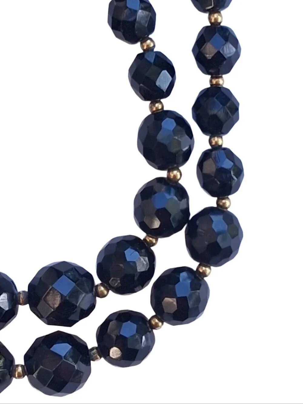 Vintage Mid-Century Double Strand Black Faceted Glass Bead Necklace - MCM Glam